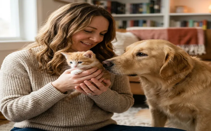 Person gently holding a puppy while an older dog sniffs it