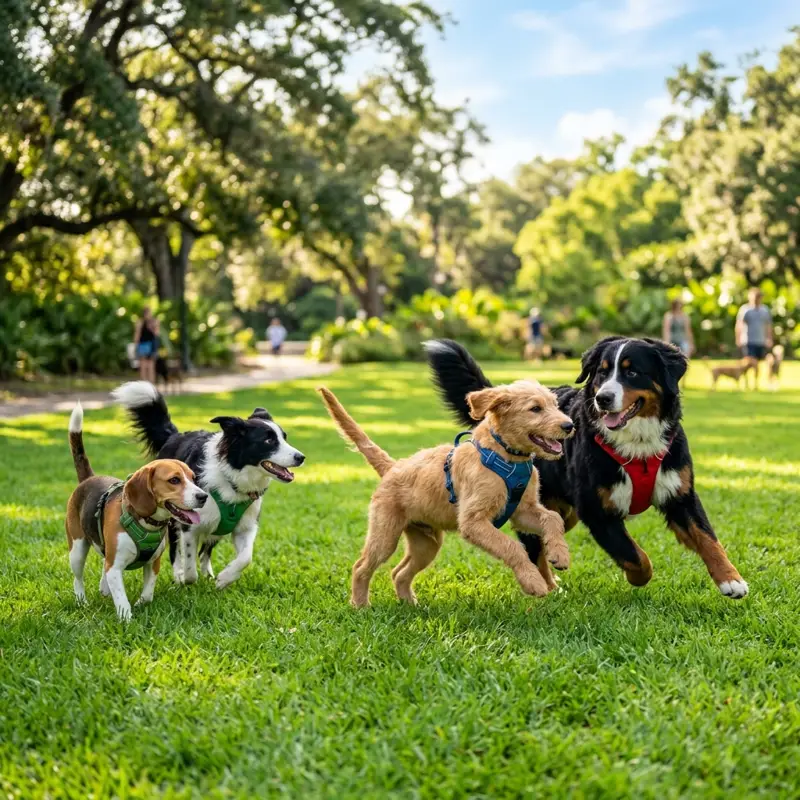 Puppies playing together outdoors in a park